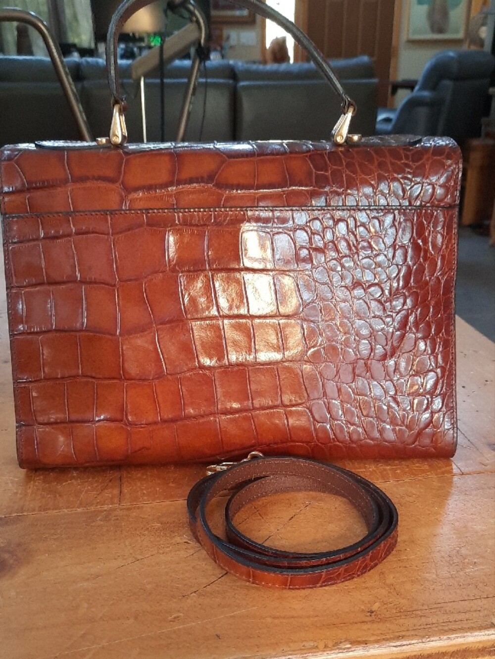 Bally Brown Croc-Embossed Leather Top-Handle Satchel with 'B' Accent - Picture 3 of 14